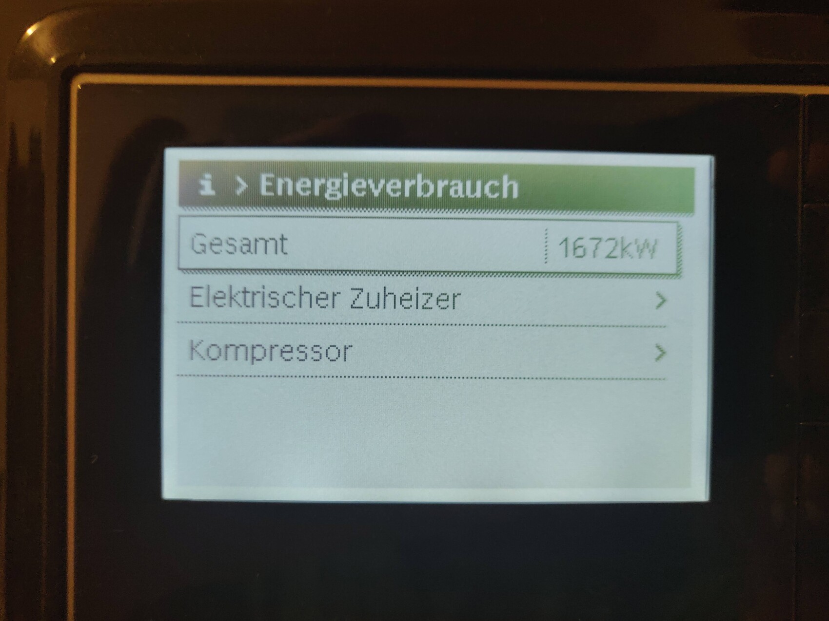 Energieverbrauchs-Anzeige: Gesamt 1672kW; Elektrischer Zuheizer, Kompressor.