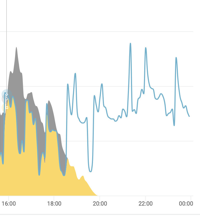 Zeitverlauf eines Diagramms: gelbe Fläche, graue Fläche und blaue Kurve mit Spitzen (16:00–00:00).