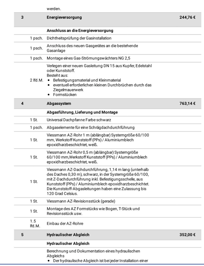 Kostenliste mit Positionen zur Energieversorgung, Abgassystem und hydraulischem Abgleich.