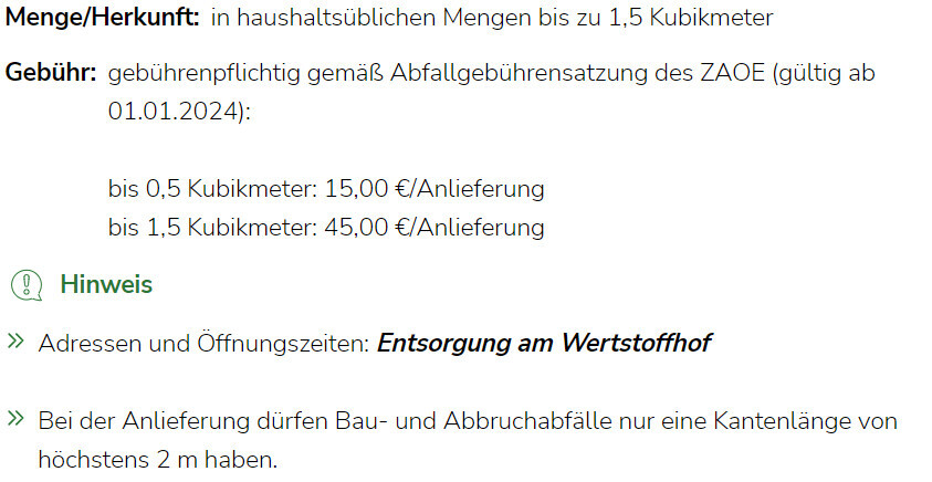 Anleitung zur Abfallentsorgung: Mengen, Gebühren, Hinweise, Wertstoffhof, max. 2 m Kantenlänge.