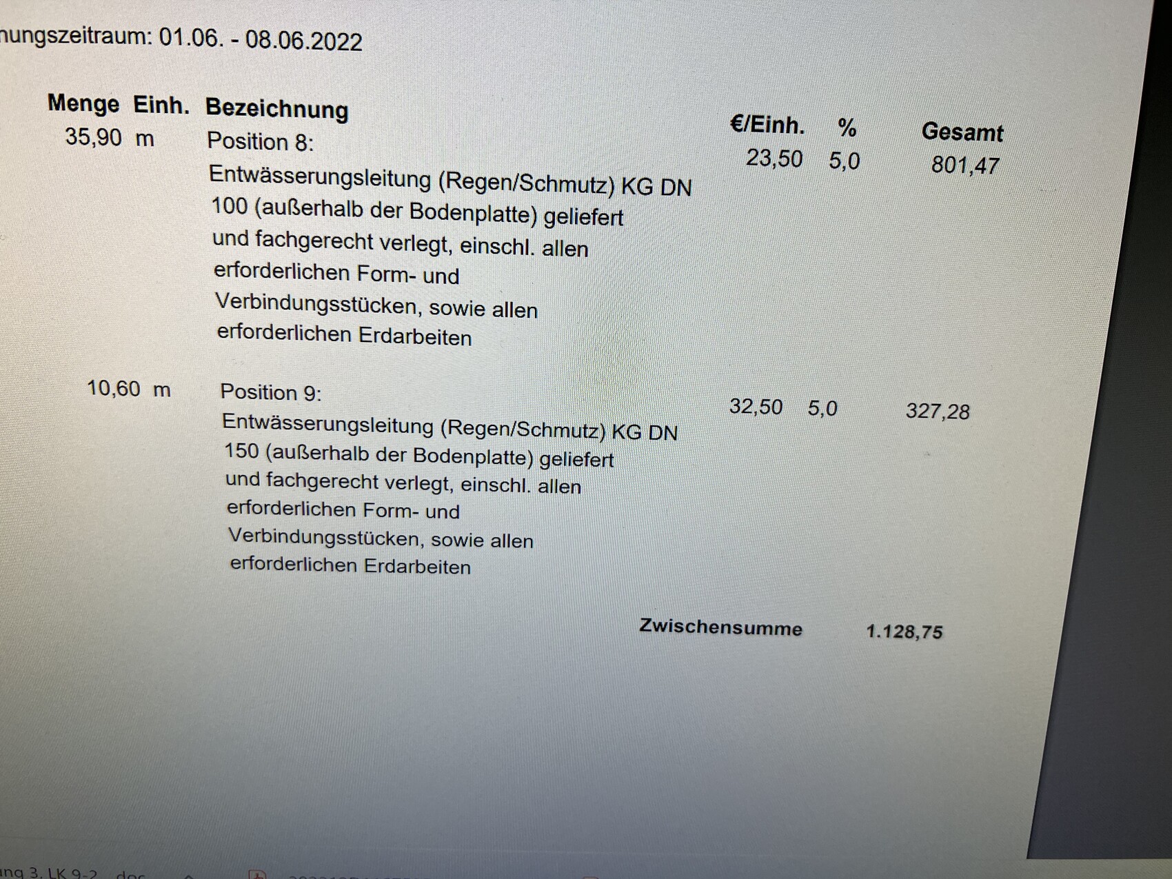 Rechnung mit Entwässerungsleitungen DN 100/150 und Erdarbeiten, Zwischensumme 1.128,75 EUR.