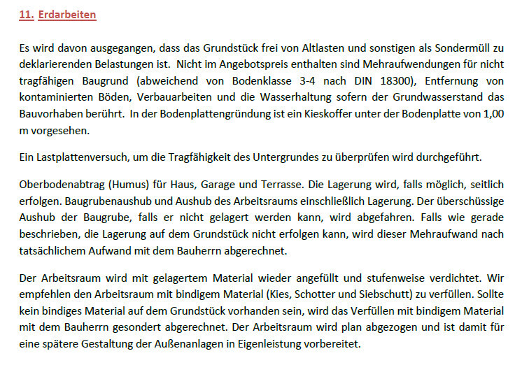Dokumentseite mit Überschrift 11. Erdarbeiten und Text zu Baugrund, Lagerung, Maßnahmen.