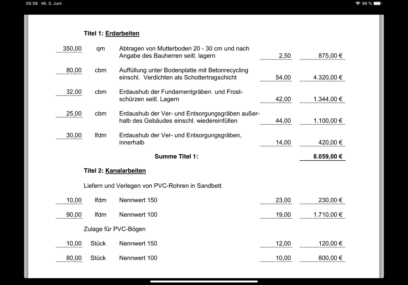 Kostenübersicht Erdarbeiten und Kanalarbeiten mit Mengen und Preisen.