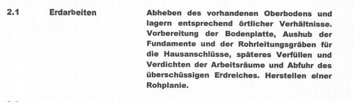 Erdarbeiten: Oberboden abheben/lagern, Bodenplatte vorbereiten, Fundamente ausheben, Rohleitungen.