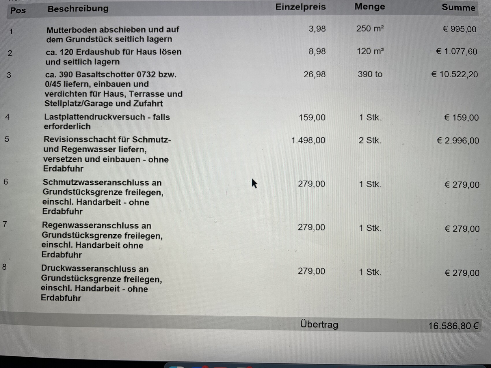 Tabelle mit Baukosten: Erdarbeiten, Basalt-Schotter, Lastplattendruck, Abwasser-/Wasseranschluss