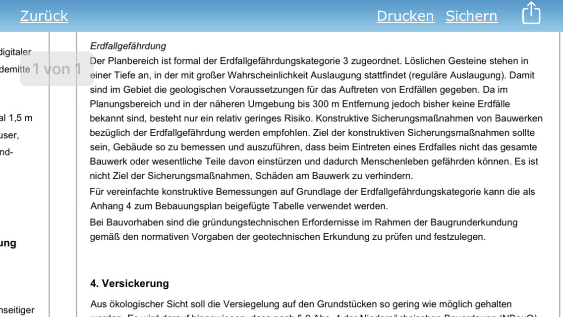 Ausschnitt einer Planungsseite mit Text über Erdfallgefährdung und Baumaßnahmen zur Sicherung.