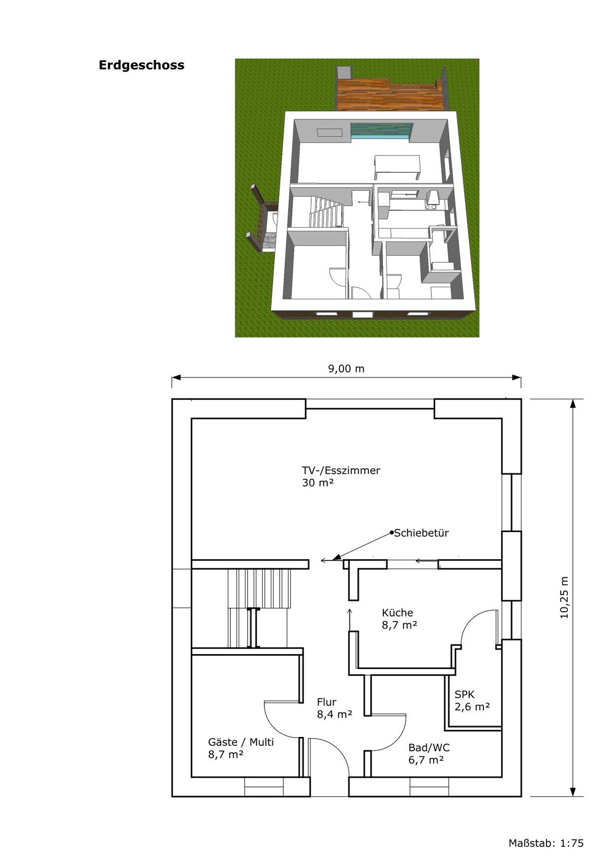 Erdgeschoss: 3D-Ansicht und Grundriss mit TV/Esszimmer, Küche, Flur, Bad, Gäste.