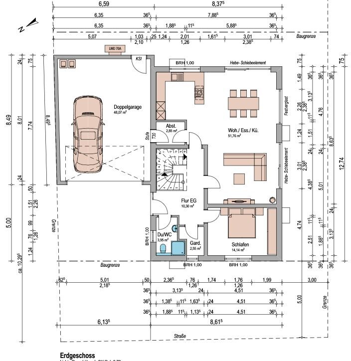 Grundriss EG: Doppelgarage, Flur, Küche/Essbereich, Wohnen, Schlafen, Bad, Abstellraum, Garderobe
