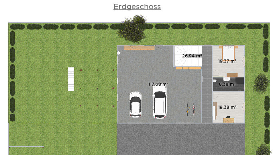 Grundriss Erdgeschoss: Doppelgarage mit zwei Autos, angrenzende Zimmer und Garten.