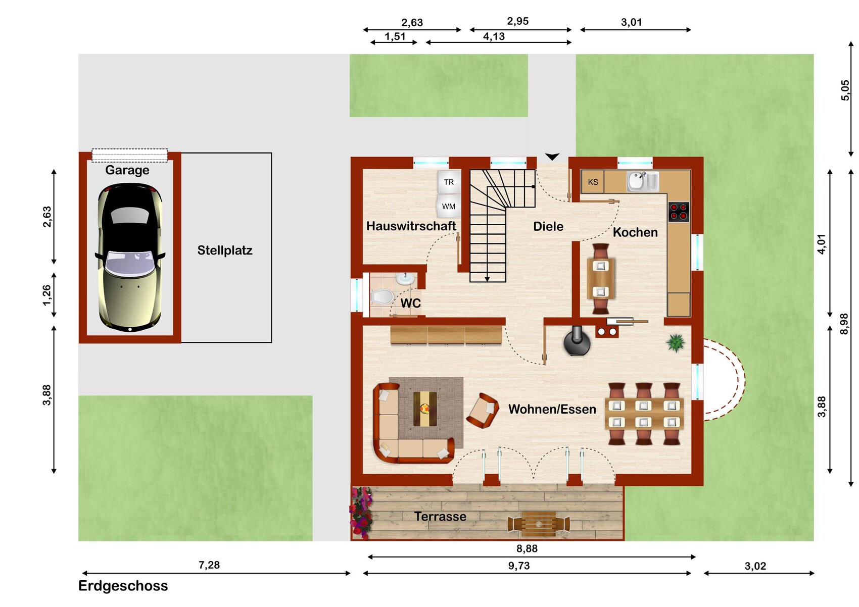 Grundriss des Erdgeschosses: Garage, Stellplatz, Terrasse, Wohnen/Essen, Kochen, Diele.