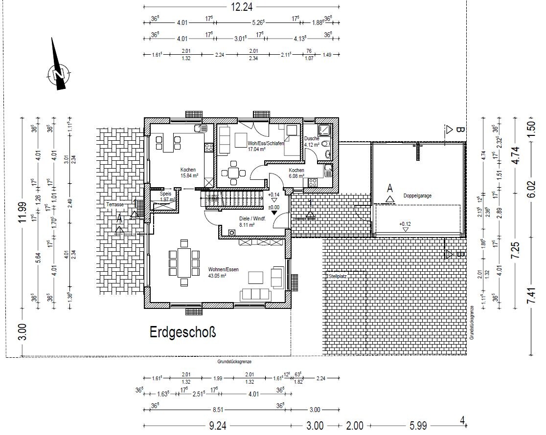 Erdgeschoss Grundriss mit Küche, Essbereich, Wohnzimmer, Terrasse und Doppelgarage