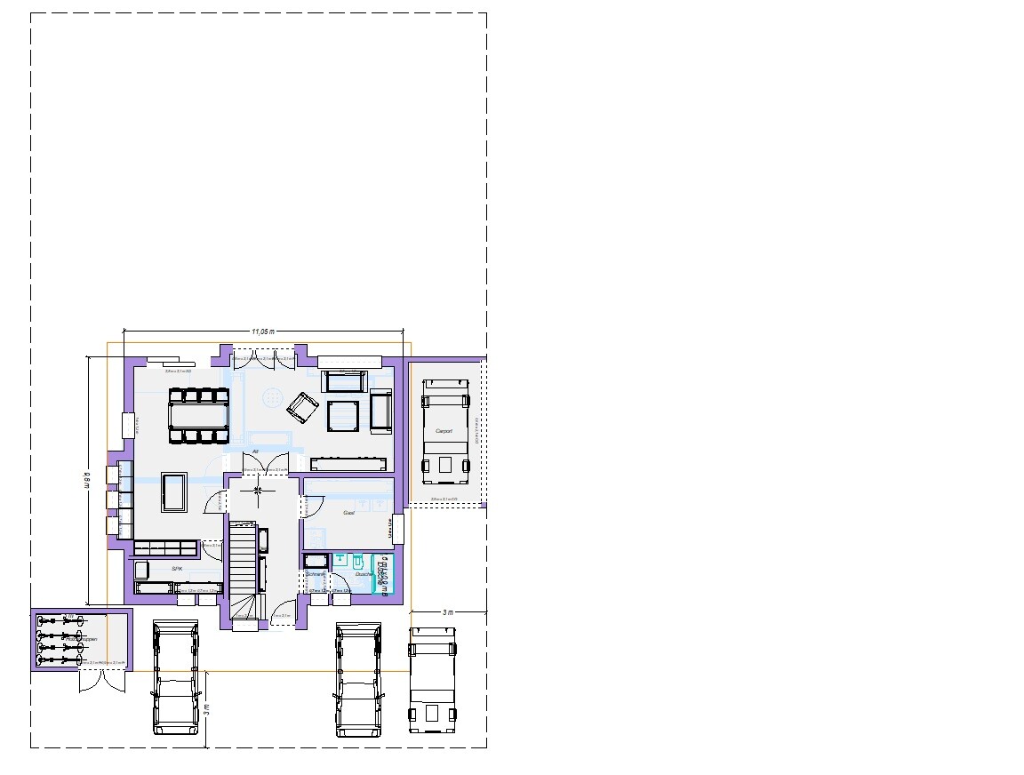 Grundriss eines Hauses: Wohnzimmer, Küche, Esszimmer, Bad, Schlafzimmer, Treppenhaus, Garage.
