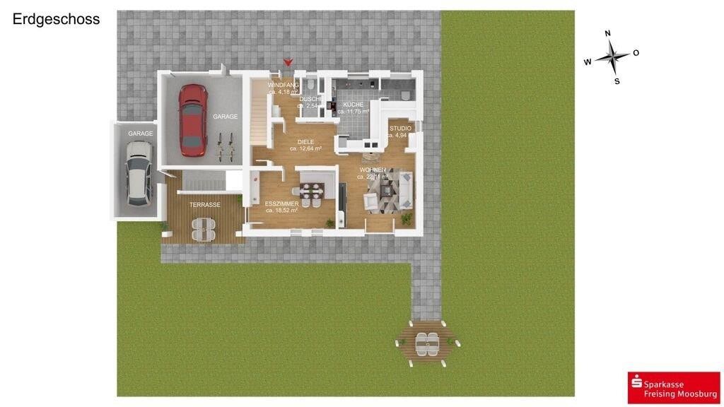 Grundriss Erdgeschoss: Wohnzimmer, Küche, Esszimmer, Studio, Diele, Bad, Terrasse, Garage, Garten.