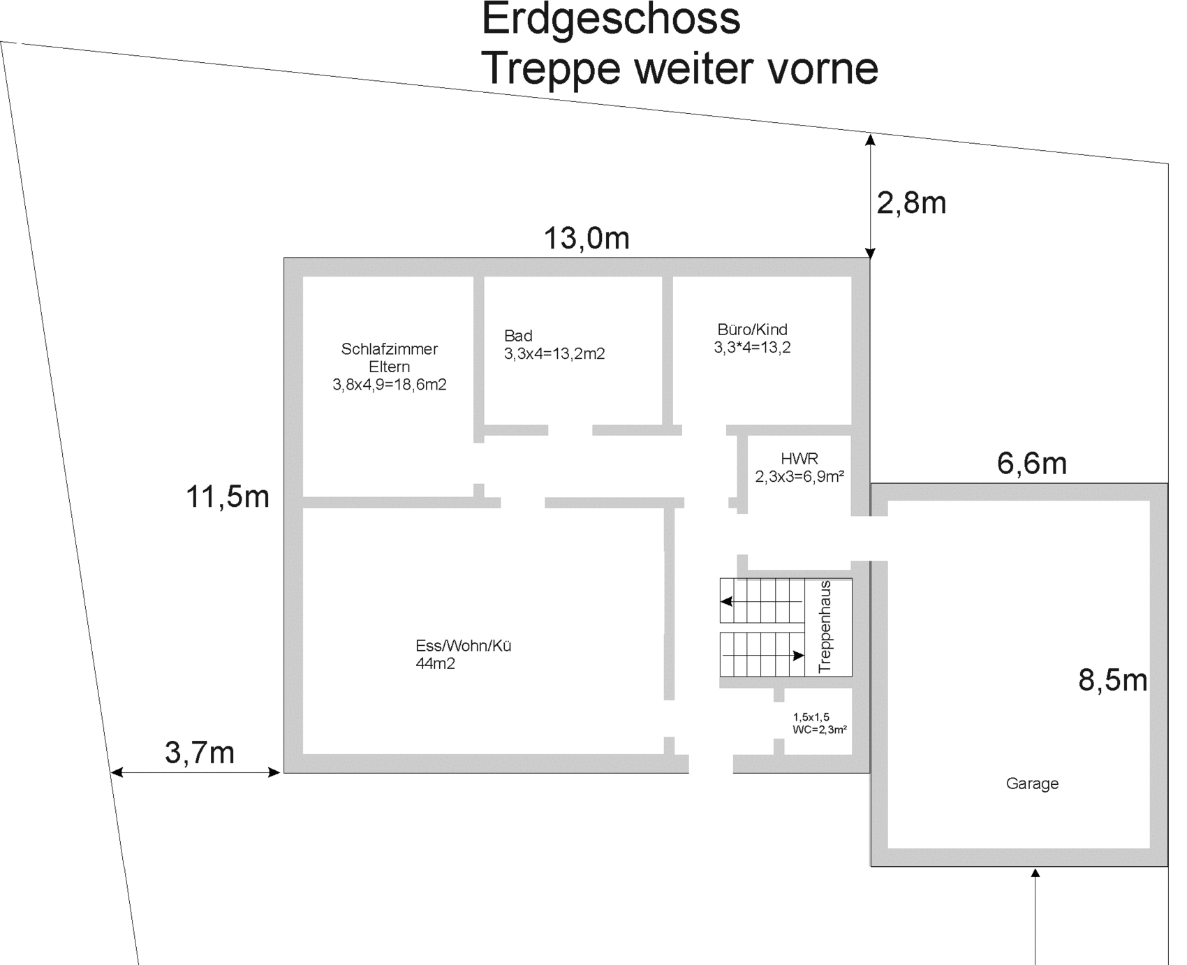 Grundriss Erdgeschoss: Schlafzimmer Eltern, Bad, Büro, Ess/Woh/Küche, HWR, Garage, Treppenhaus