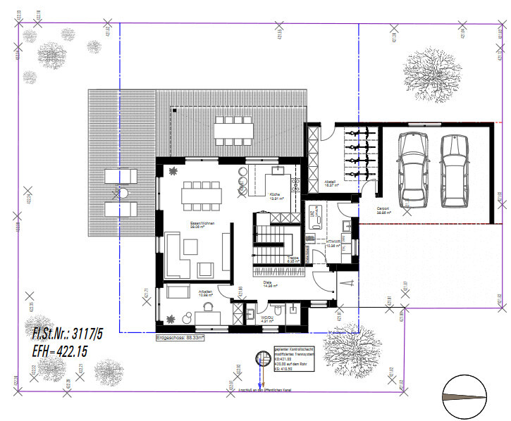 Grundriss eines Einfamilienhauses mit Terrasse, Garten, Garage und zwei Autos