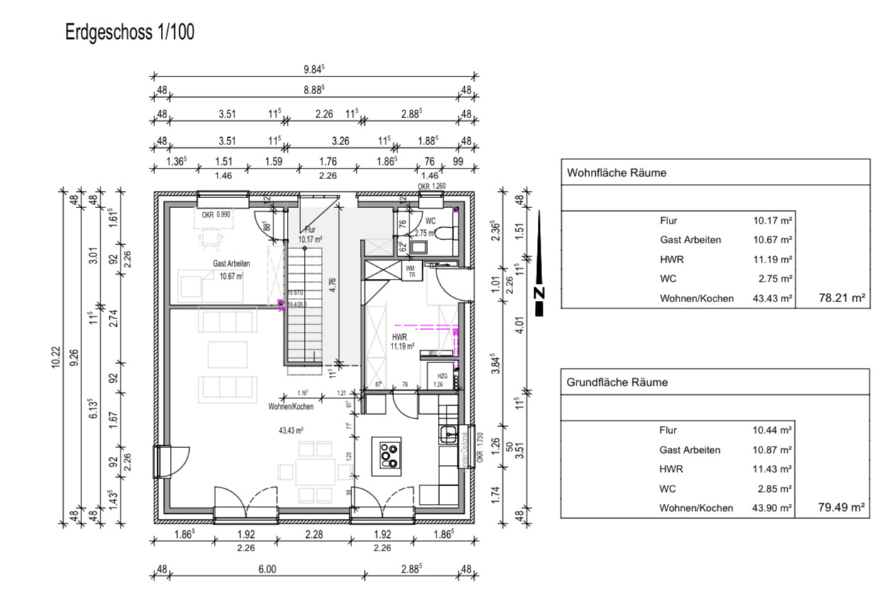 Erdgeschoss-Grundriss: Flur, Wohnen/Kochen, Gast Arbeiten, HWR, WC, Treppe.