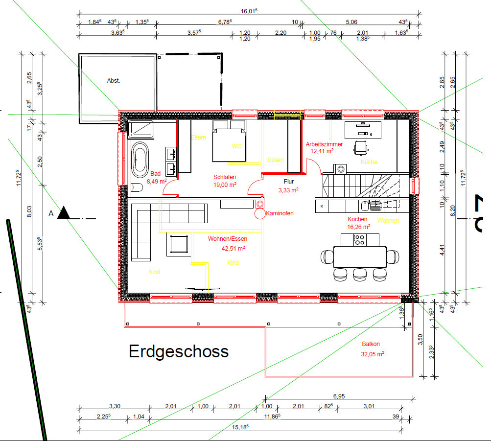 Grundriss Erdgeschoss: Wohnzimmer, Essen, Küche, Schlafen/Eltern, Bad, WC, Flur, Balkon