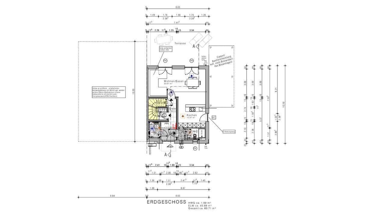 Erdgeschoss-Grundriss eines Hauses mit Küche, Wohnzimmer und Terrasse