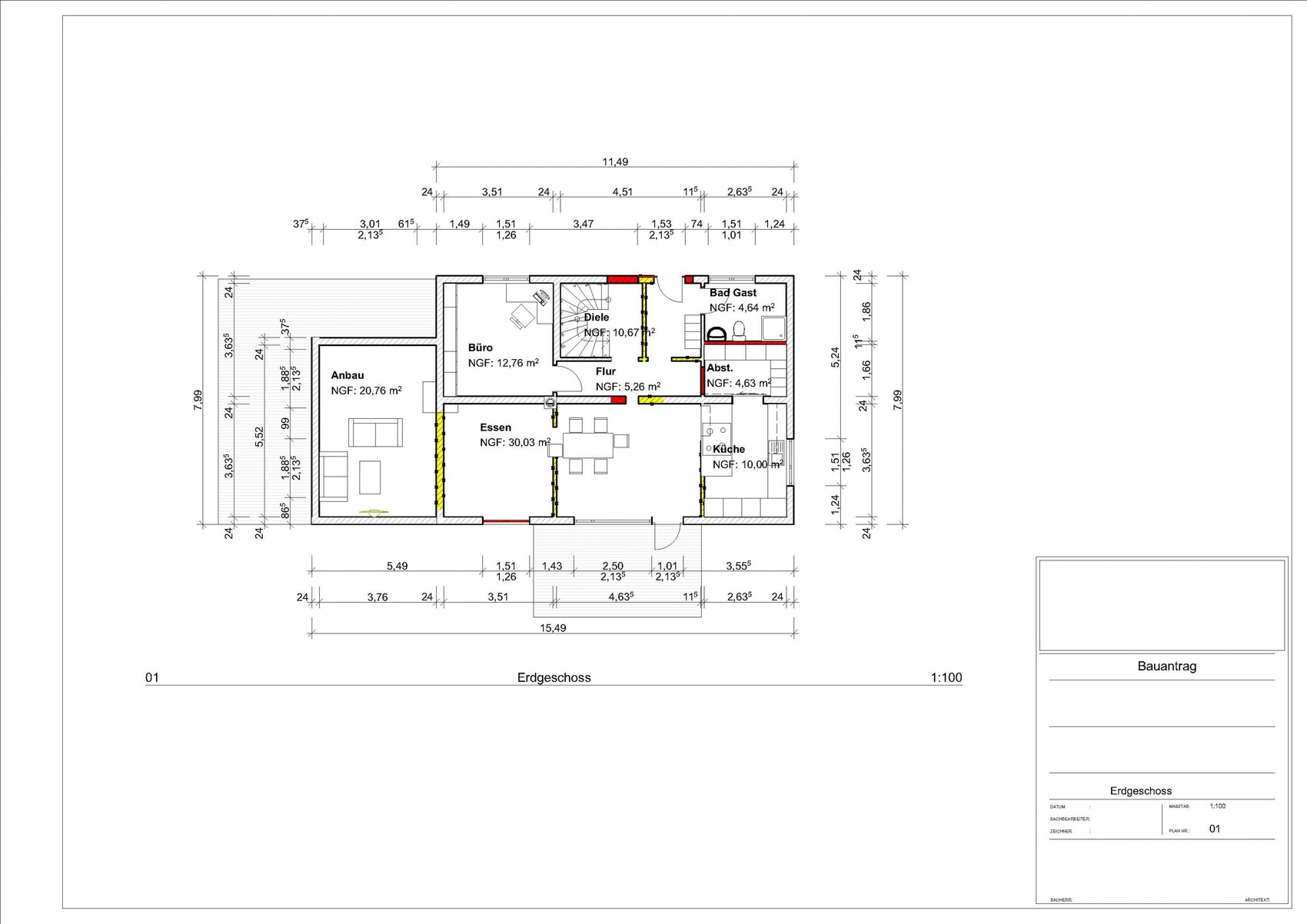 Grundriss Erdgeschoss eines Hauses mit Anbau, Büro, Essen, Küche, Bad und Flur.