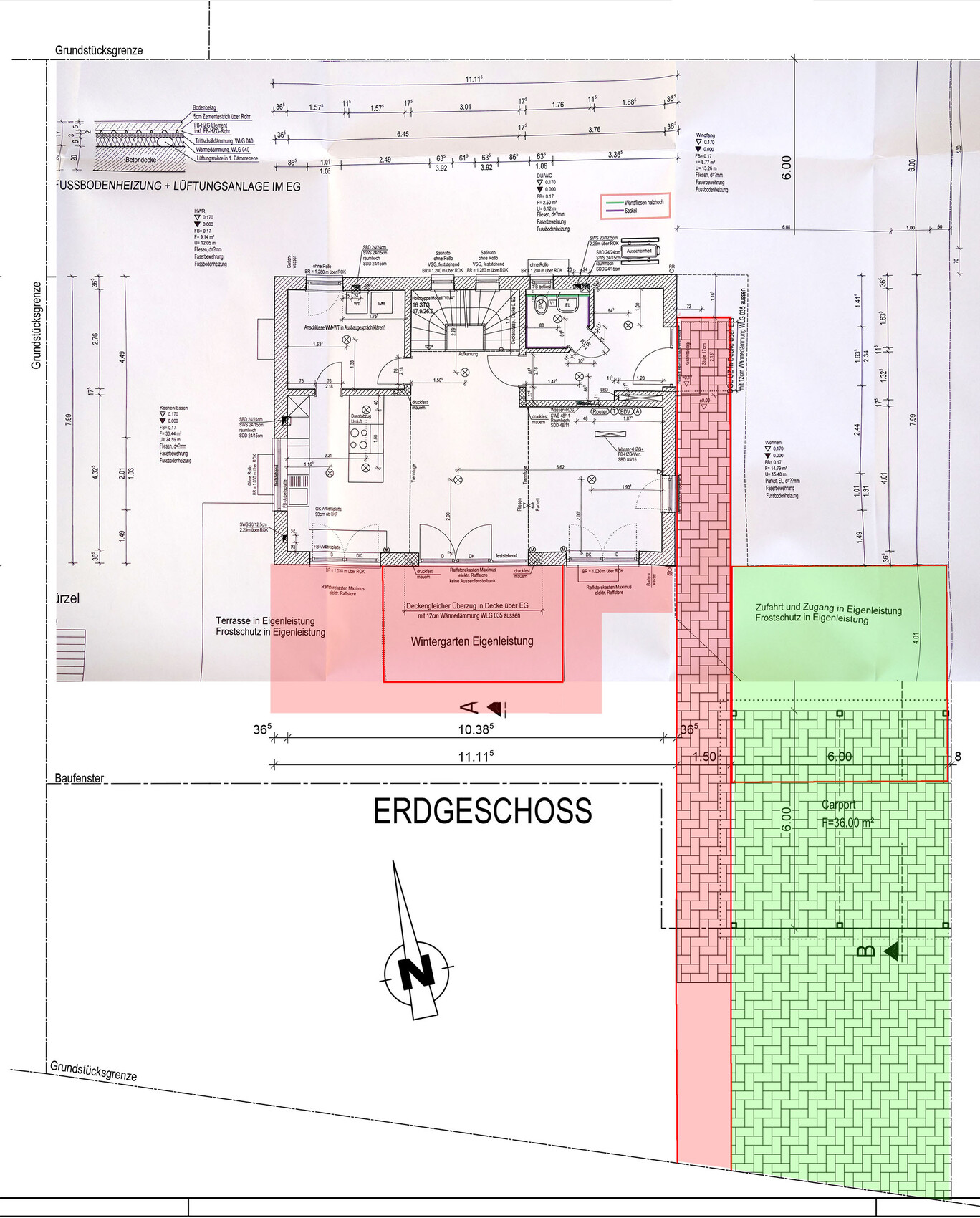 Grundriss Erdgeschoss eines Hauses mit Räumen, Treppen und Außenbereich.