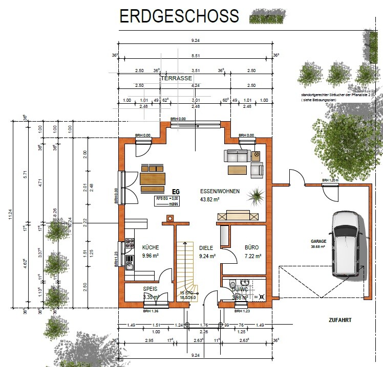 Grundriss Erdgeschoss: offener Wohn-/Essbereich, Küche, Büro, Speis, Diele, Garage, Terrasse.