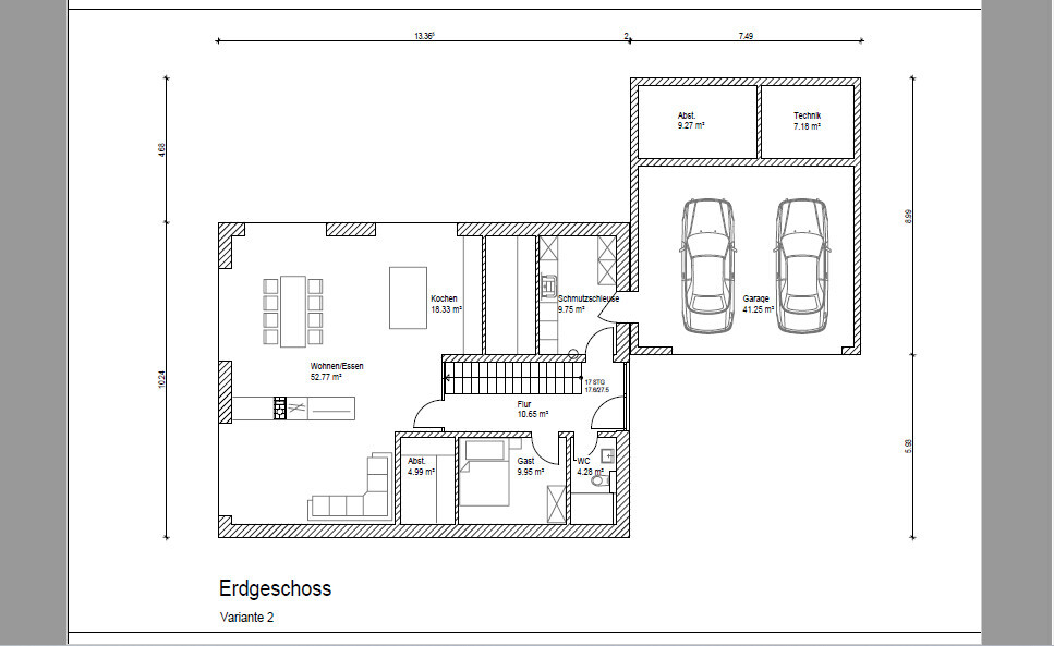 Erdgeschoss-Grundriss: Wohn-/Essbereich, Küche, Flur, Gäste, WC, Abstellraum, Garage (2 Parkplätze).
