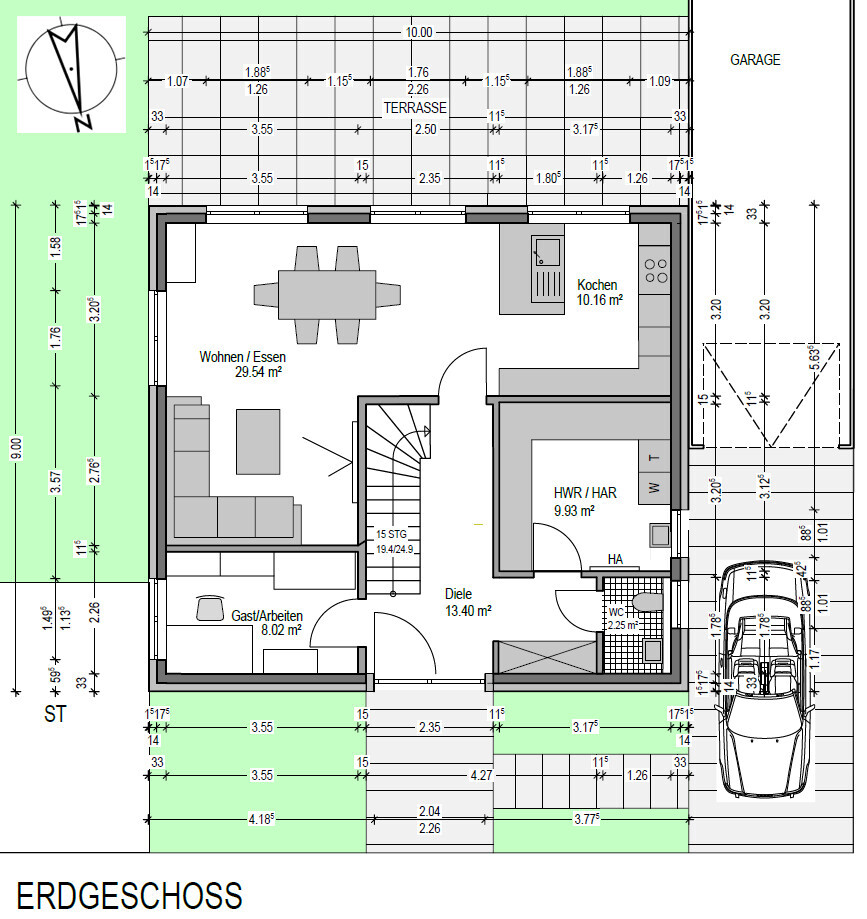 Grundriss Erdgeschoss: Wohnen/Essen, Kochen, Gäste/Arbeiten, Diele, HWR/HAR, WC, Terrasse, Garage.