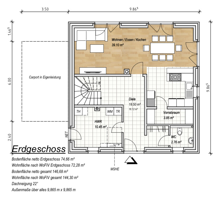 Grundriss Erdgeschoss: offener Wohn-/Ess-/Kochbereich, Diele, Vorratsraum, HWR, WC, Carport.