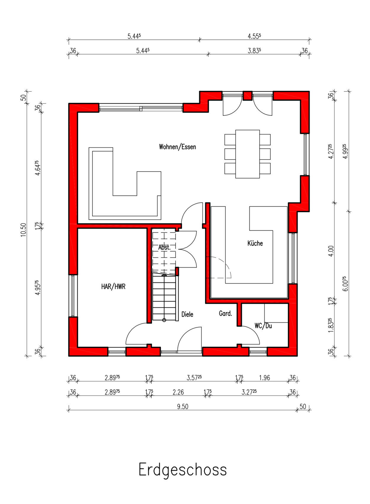 Grundriss Erdgeschoss eines Hauses: Wohn-/Essbereich, Küche, Diele, HAR/HWR, Gard., WC/Du, Treppe.