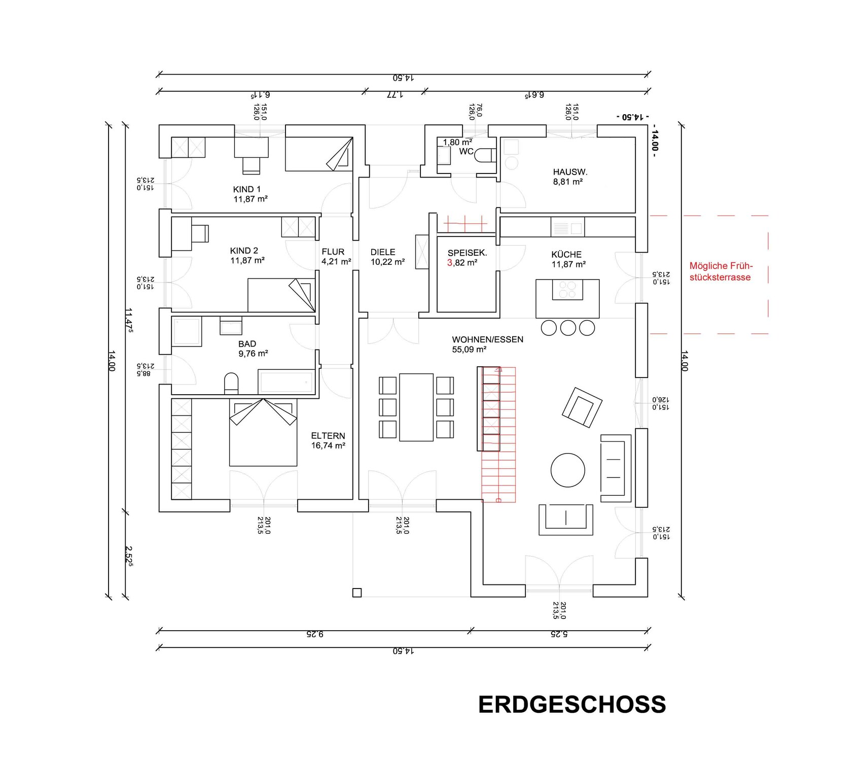 Grundriss Erdgeschoss: Wohnzimmer/Essen, Küche, Speisekammer, Bad, Eltern- und Kinderzimmer, Flur