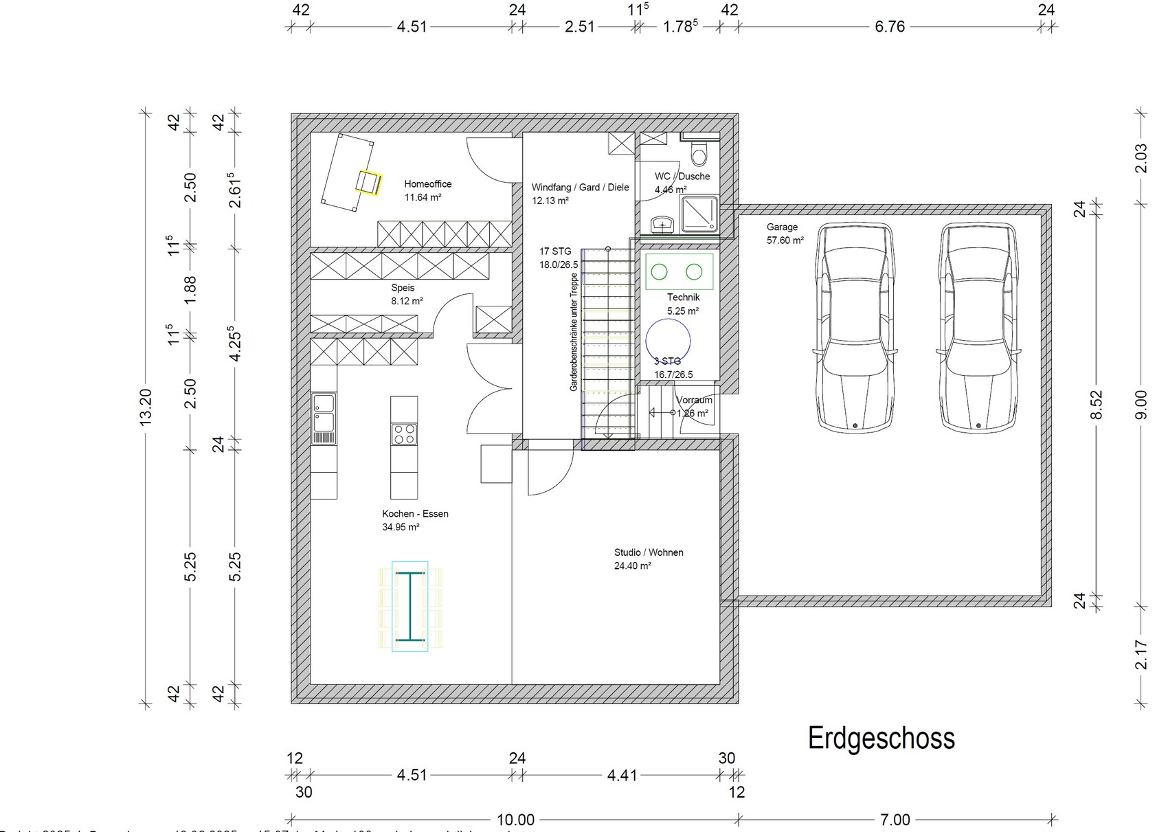 Grundriss Erdgeschoss: Küche/Essen, Studio/Wohnen, Speis, Windfang, Technik, WC/Dusche, Garage.