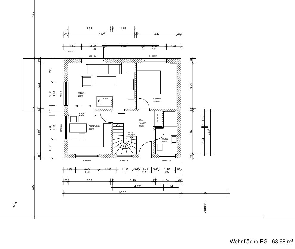 Grundriss Erdgeschoss eines Wohnhauses: Wohnzimmer, Küche, Flur, Treppenhaus, Schlafzimmer, Terrasse.