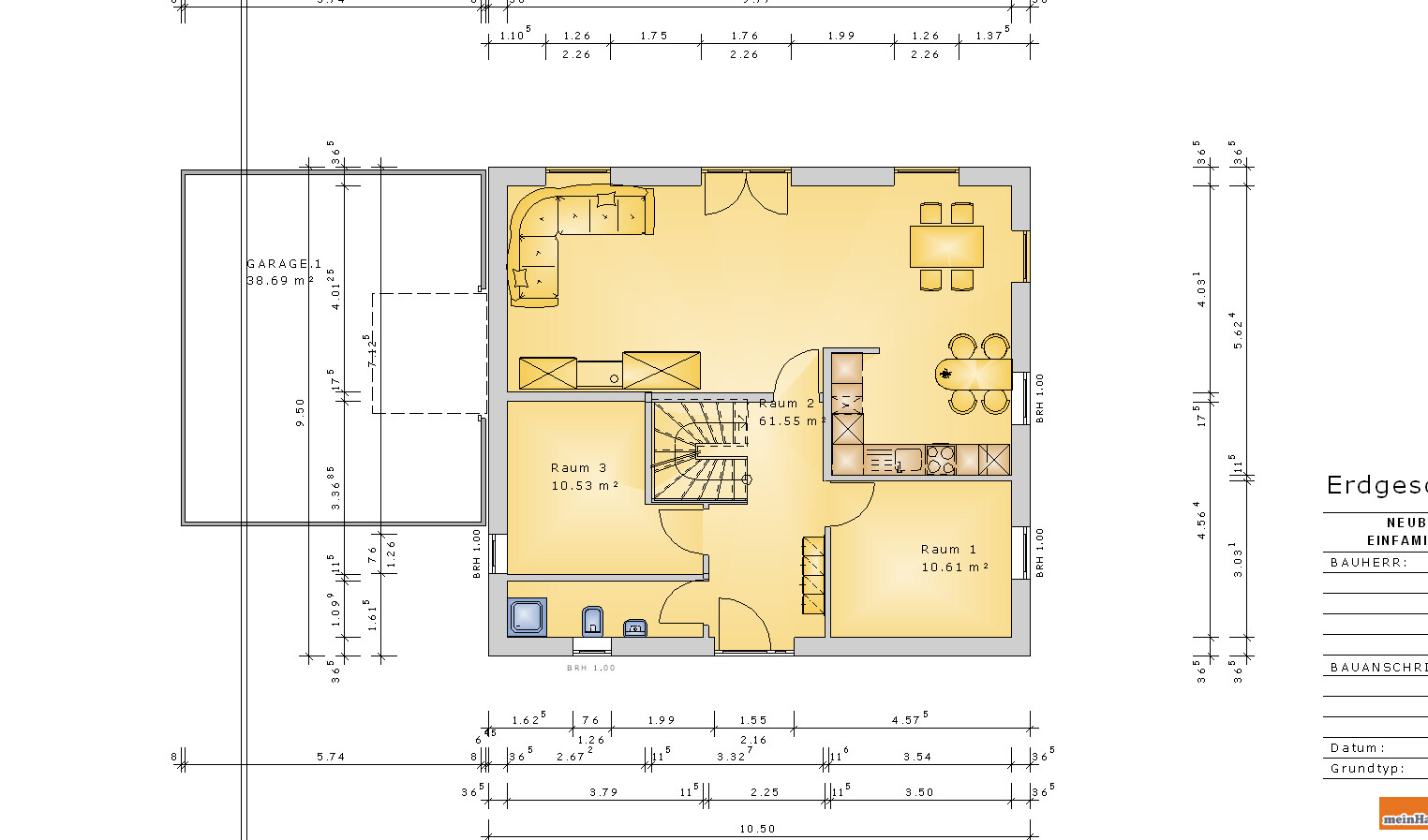 Erdgeschoss Grundriss mit Wohnzimmer, Küche, Schlafzimmer und Garage