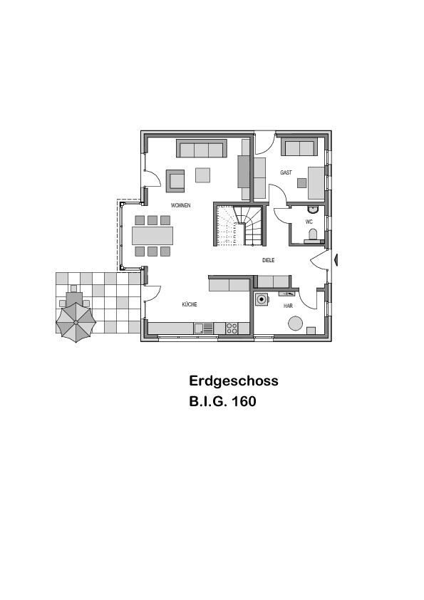 Grundriss Erdgeschoss: Wohnzimmer, Küche, Diele, Gastzimmer, WC, HAR, Terrasse, Treppe.