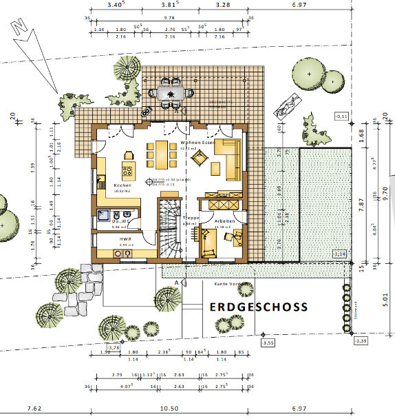 Grundriss Erdgeschoss eines Hauses mit Küche, Wohnen/Essen, Arbeiten, Dusche, Treppen, Terrasse.