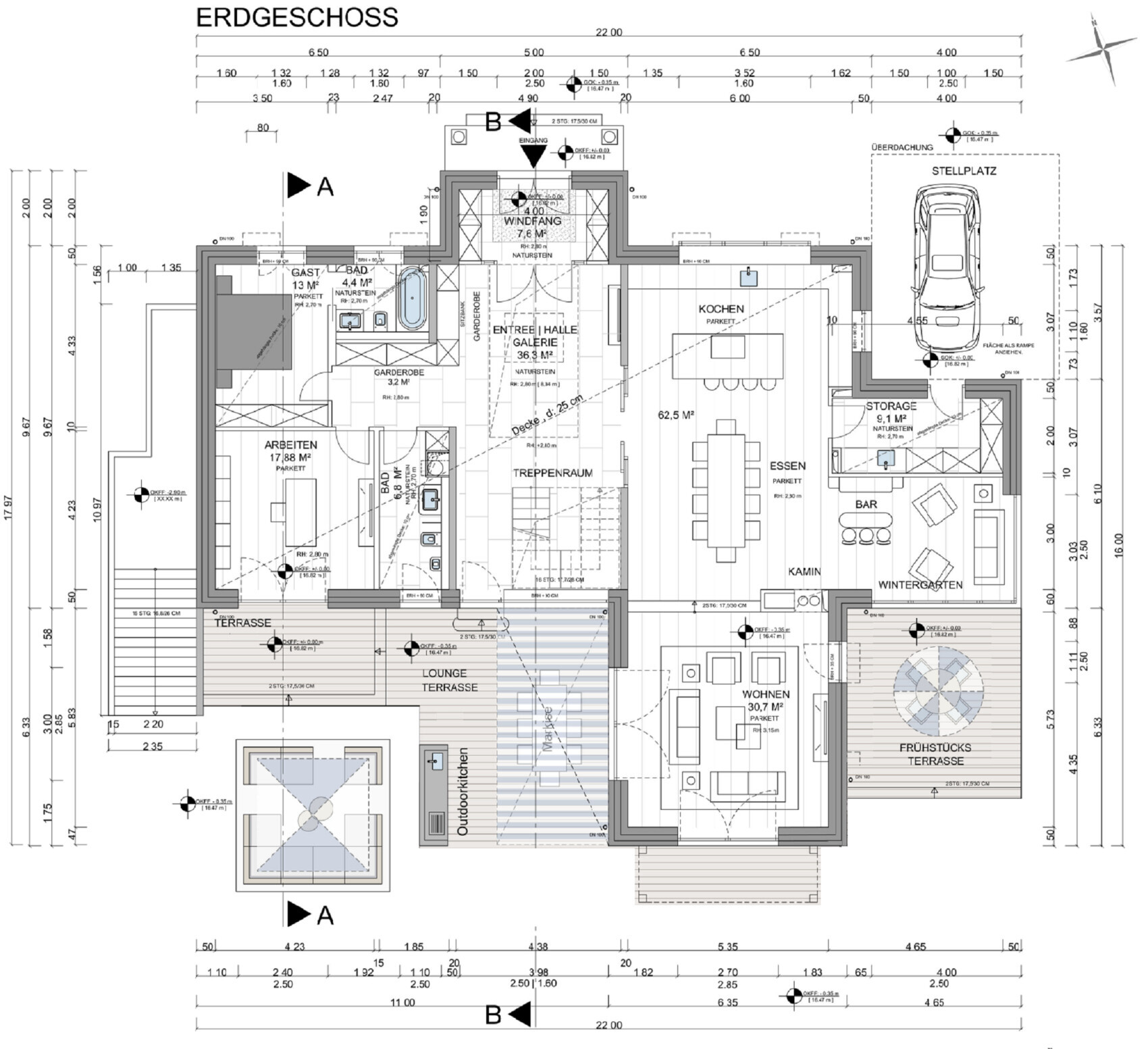 Grundriss Erdgeschoss: Küche, Essen, Wohnzimmer, Terrasse, Garage, Wintergarten.