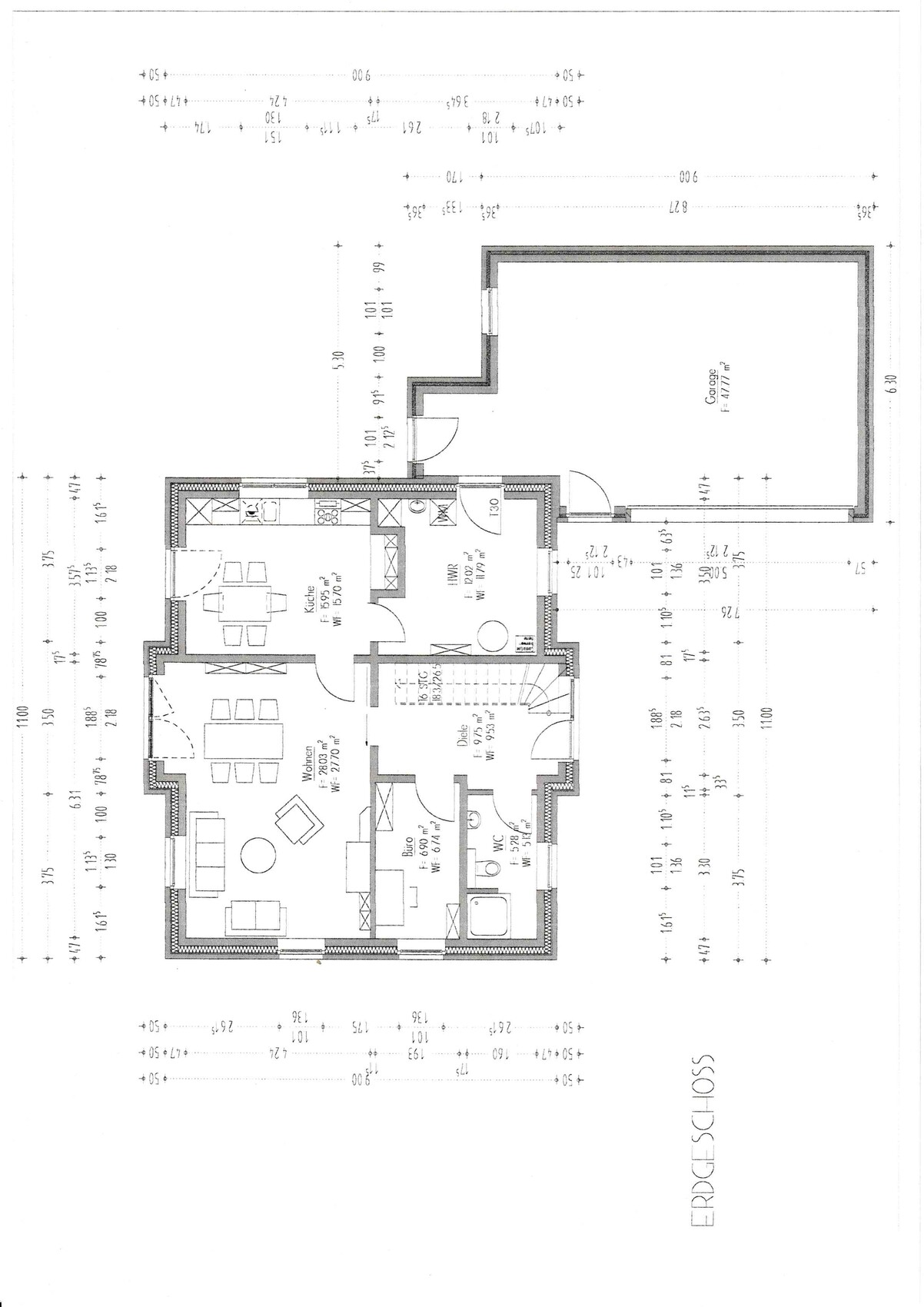 Erdgeschoss-Grundriss: Wohnzimmer, Küche, Büro, Diele, WC, Treppe, Garage.