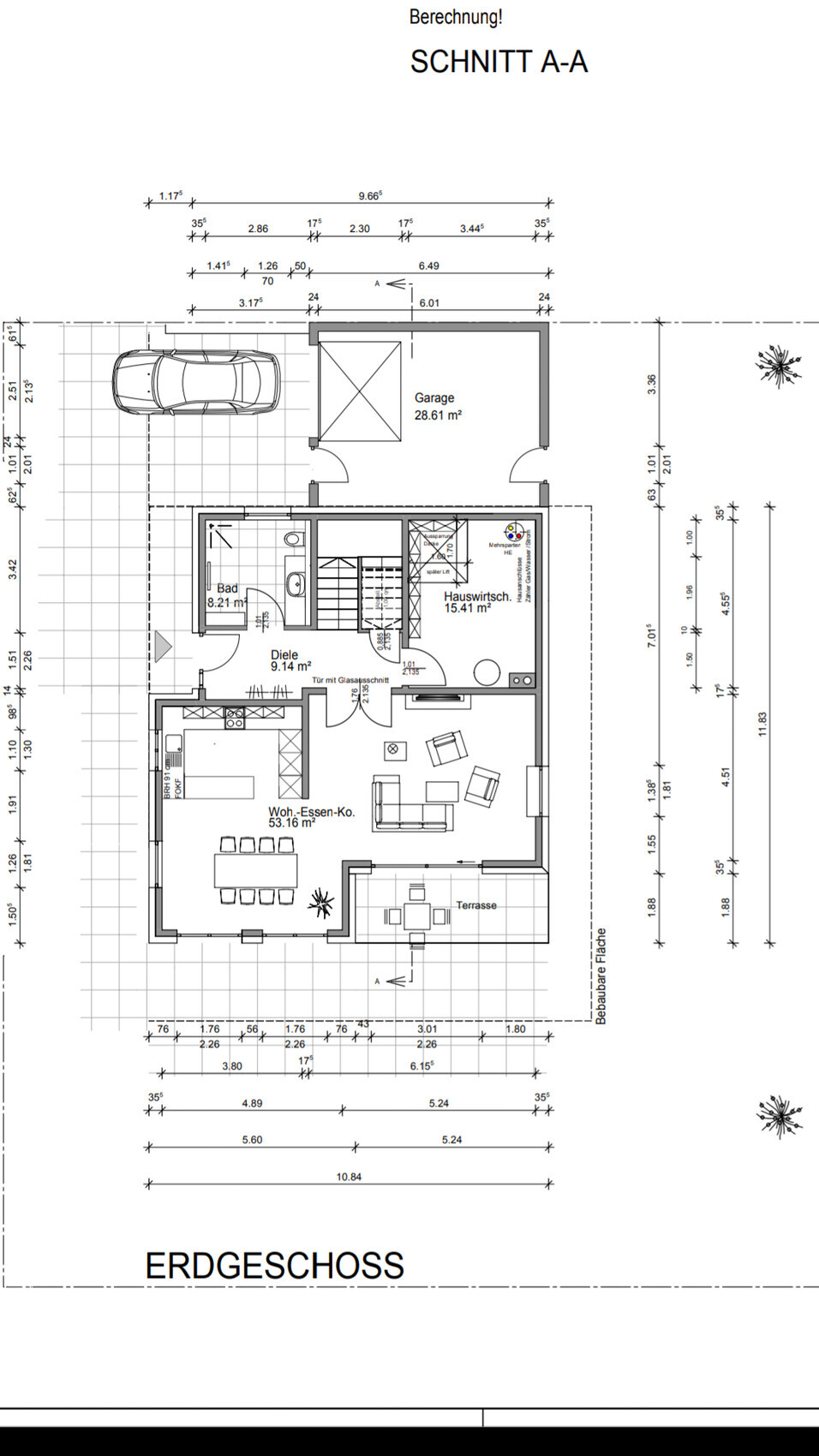 Grundriss Erdgeschoss mit Garage, Diele, Bad, Küche, Wohnen-Essen-Ko, Terrasse.