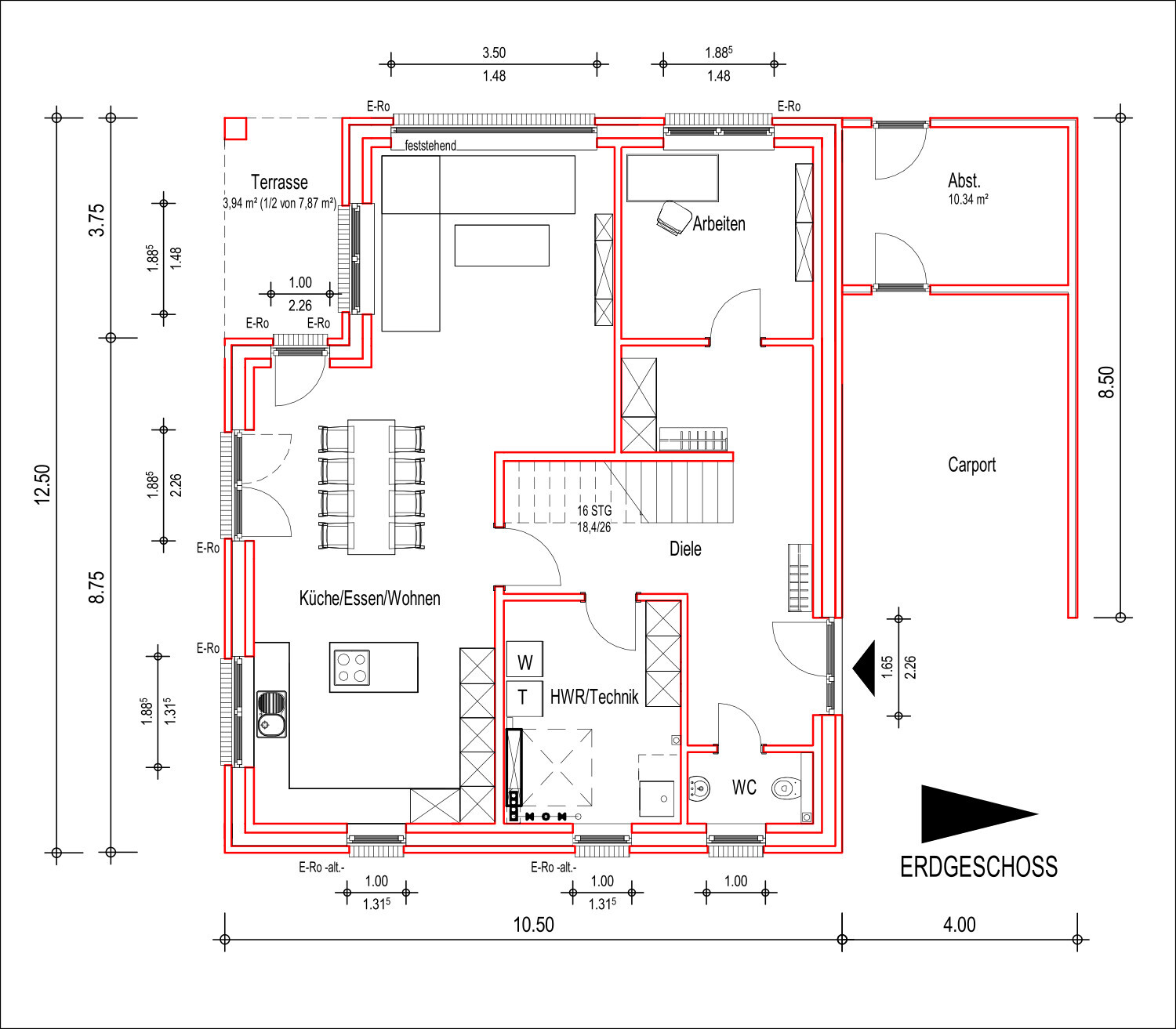 Grundriss Erdgeschoss mit Küche, Essen, Wohnen, Terrasse und Carport
