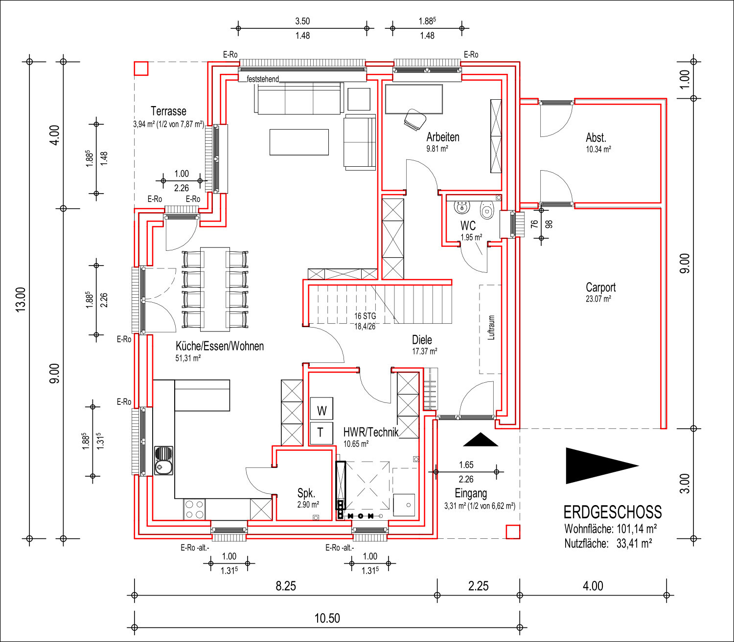 Erdgeschoss Grundrissplan mit Küche, Essen, Wohnen, Arbeitsbereich, Diele, WC und Carport
