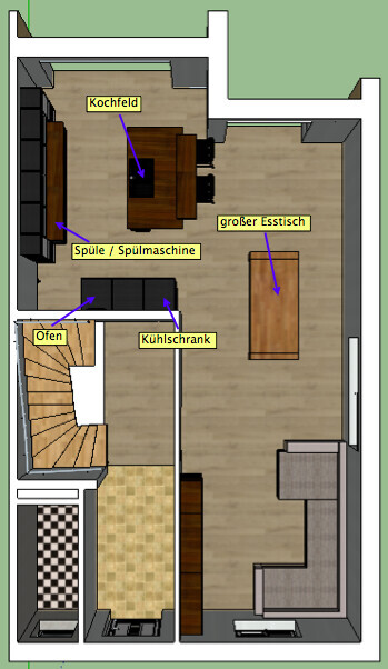 Erdgeschoss-Grundriss mit Küche, Esstisch, Spüle, Ofen, Kühlschrank, Treppe und Wohnzimmer.
