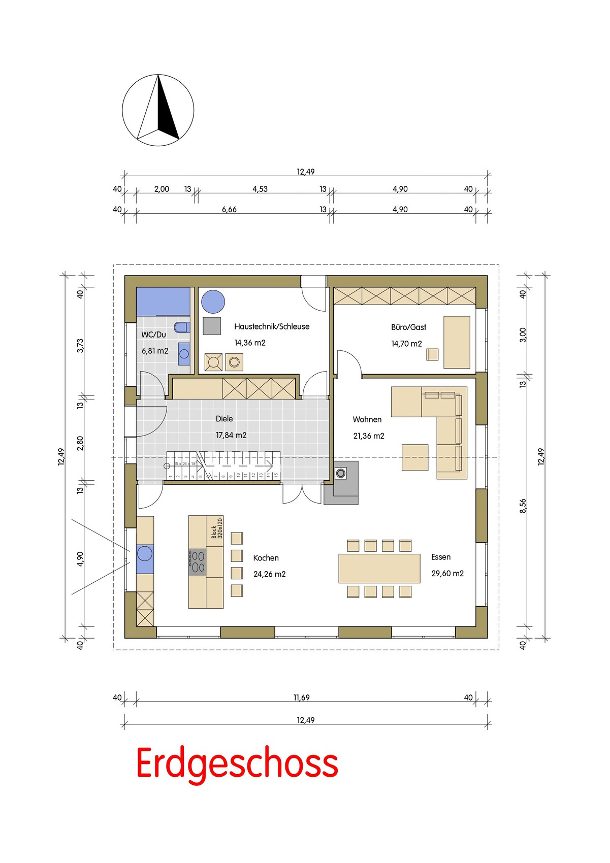 Grundriss Erdgeschoss: Küche, Essen, Wohnen, Büro/Gast, Diele, Haustechnik/Schleuse, WC/Du.