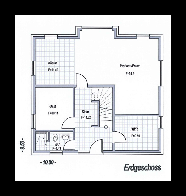 Grundriss Erdgeschoss eines Hauses: Küche, Gast, Diele, Wohnen/Essen, HWR, WC, Treppe.