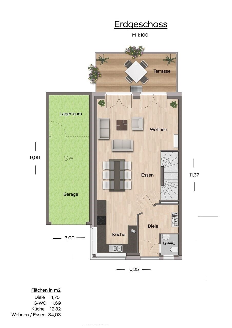 Grundriss Erdgeschoss: Küche, Diele, G-WC, Essen, Wohnen, Terrasse, Garage und Lagerraum.