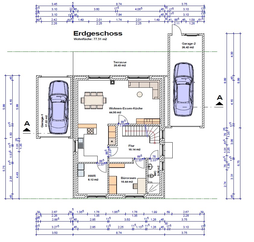 Grundriss Erdgeschoss eines Hauses mit Wohn-Essen-Küche, Terrasse, Büro, HWR und zwei Garagen.