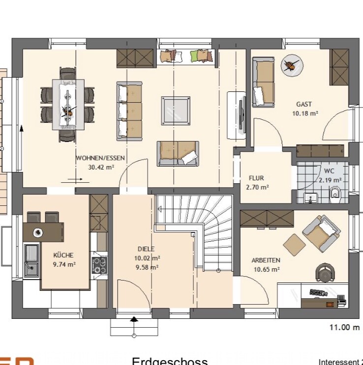 Erdgeschoss-Grundriss: Wohnen/Essen, Küche, Diele, Arbeitszimmer, Gästezimmer, Flur, WC.