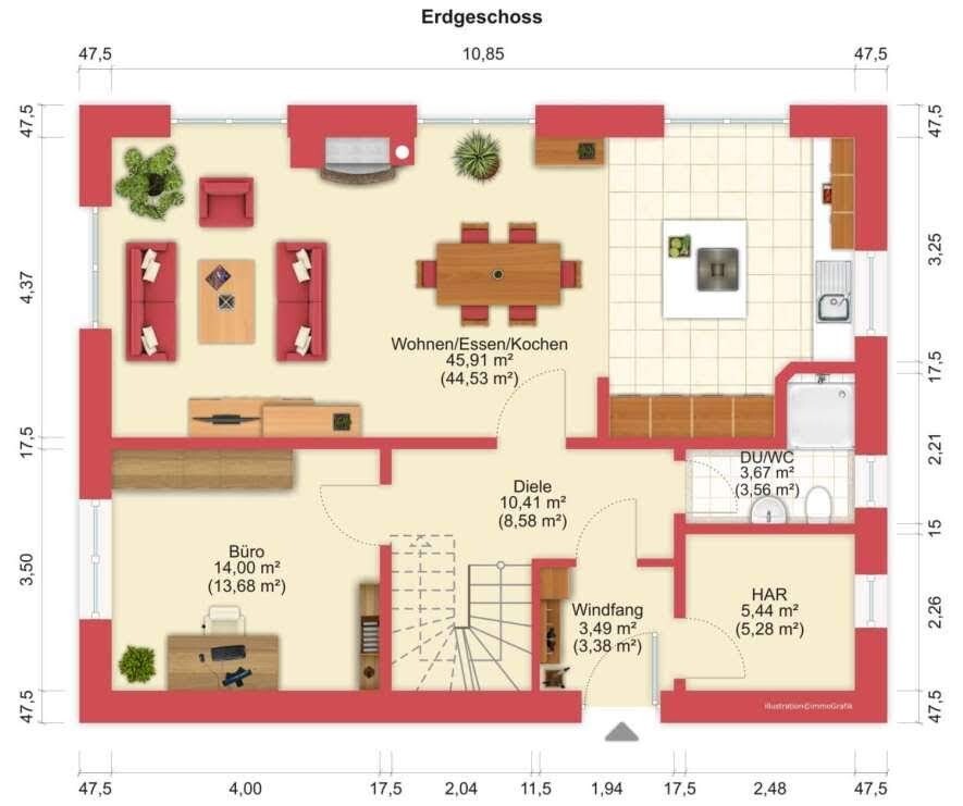 Grundriss Erdgeschoss mit Wohnzimmer, Küche, Bad, Büro und Diele