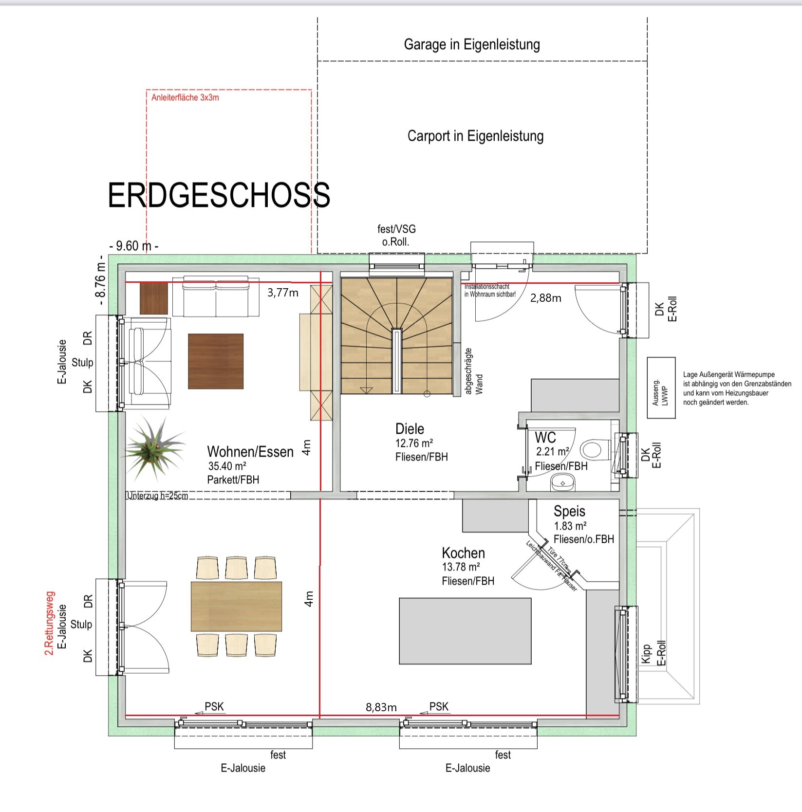 Grundriss Erdgeschoss: Wohnen/Essen, Kochen, Speis, Diele, WC, Treppe; Außen Carport/Garage.