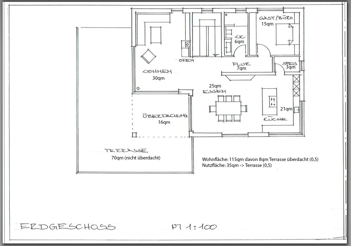 Grundriss Erdgeschoss: Wohnzimmer, Essbereich, Küche, Flur, Gästezimmer/Bad und Terrasse.