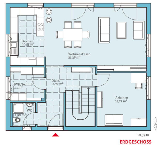 Grundriss Erdgeschoss: Küche, Wohn-/Essbereich, Arbeitszimmer, Diele, HWR, WC, Treppenhaus